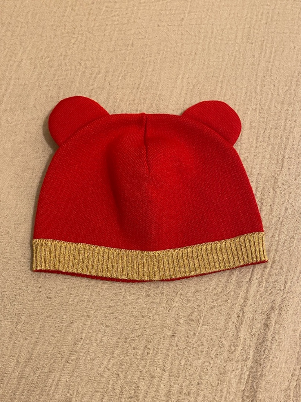 Gucci Red Knit Hat with Gold Trim and Ear Details Size L